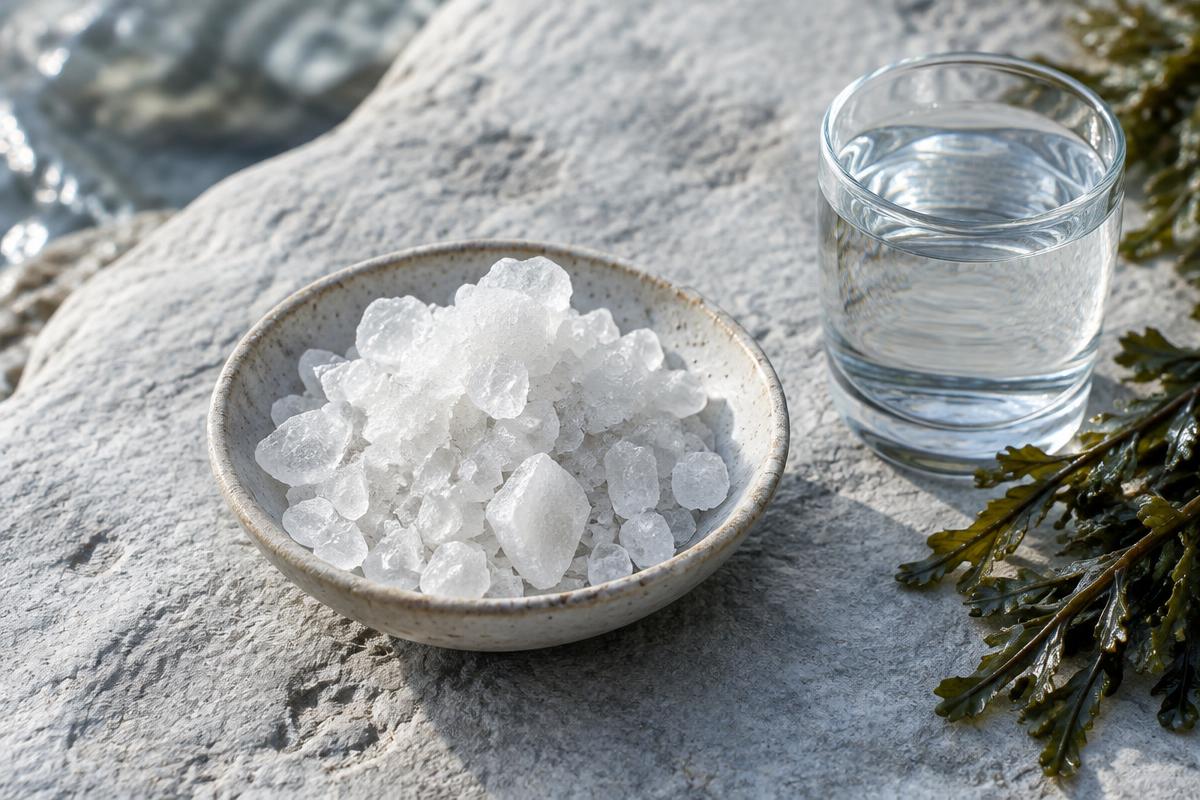 Illustrative sea mineral crystals beside water and seaweed, representing the marine-mineral category rather than AQUATHRIVE ingredients